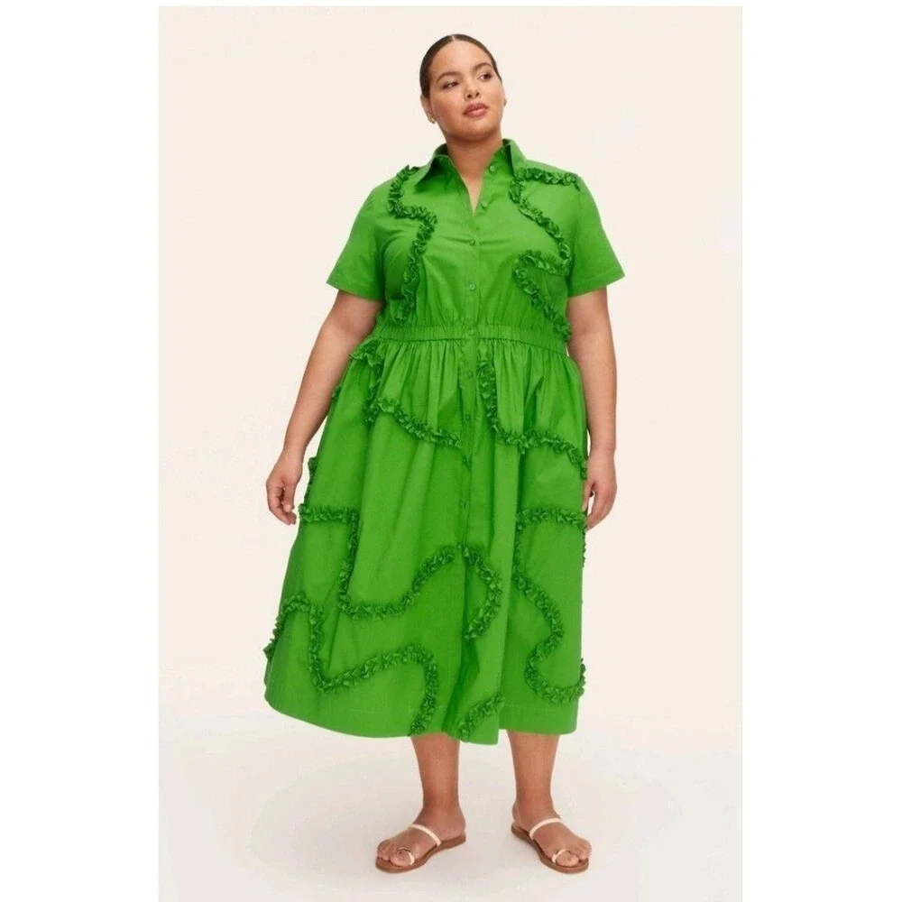 Kate‎ Spade xTarget Green Ruffle Dress Midi Button Front Short Sleeve Sz L